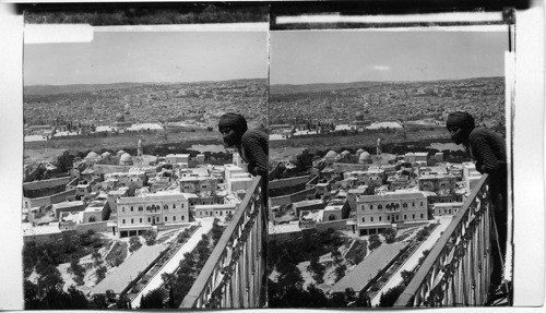 Jerusalem, the center of Christian history, seen west from tower of Olivet. Palestine