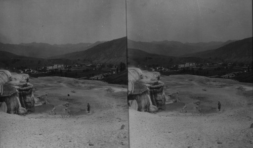 Mammoth Hotel from Terrace, Minerva Terrace, left foreground, Yellowstone Park