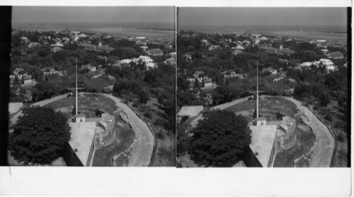 Nassau, The Bahamas - Fort Fincastle on Bennett's Hill, overlooks the city and the harbor. It was built on its advantageous site in 1793. Like Fort Charlotte, it serves as a signal station. The design of this fort is interesting and unusual--its ramparts circular with guns trained in full sweep over the town and harbor and its triangular bastion rising like a ship's prow against possible attach from the rear