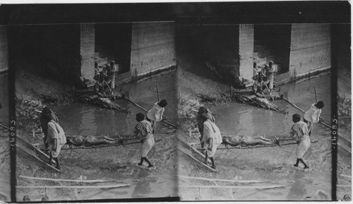 Bathing Hindu dead in the Ganges to insure the Soul of Paradise. Benares, India