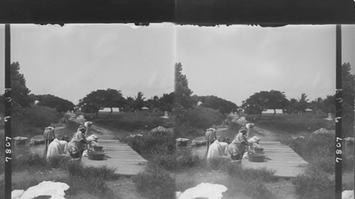 The principal laundry of Frederiksted. Native women at the washing place. St. Croix, West Indies