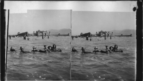 Great Salt Lake and Pavilion - bathing scene showing density of water. Utah