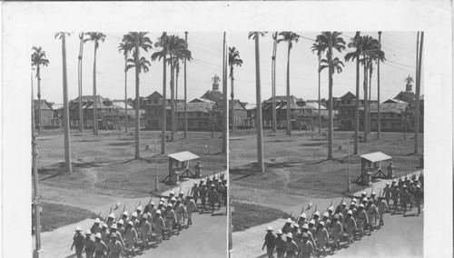 Guianas. Soldiers are constantly marching. Here it is in front of Place des Palmistes. Soldiers Constantly March in French Guiana [Guyane Francaise] - a scene in the Place des Palmistes, Cayenne