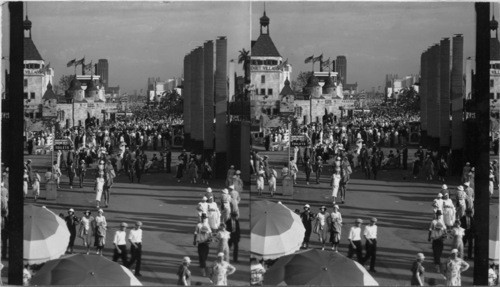 S. from the Lion Arena along the Midway to the Transportation bldgs. Midget Village, left foreground