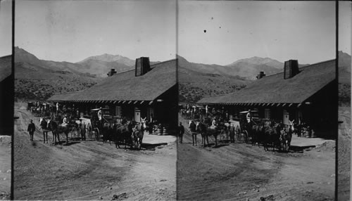 Six-Horse Tally-Ho Leaving Mountain-Walled Gardiner for Trip Through Yellowstone Park. Wyoming