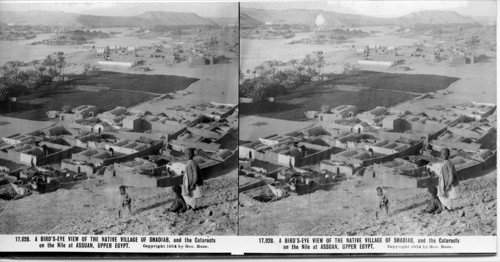 Inscribed on recto: 17,028. A BIRD’S-EYE VIEW OF THE NATIVE VILLAGE OF SHADIAB, and the Cataracts on the Nile at ASSUAN, UPPER EGYPT. Copyright 1914 by Geo. Rose