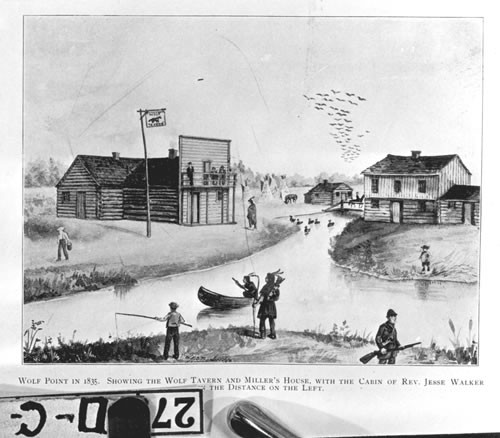 Wolf Print in 1835 - Showing the Wolf Tavern and Miller's House with the Cabin of Rev. Jessie Walker in the distance on the left, Chicago