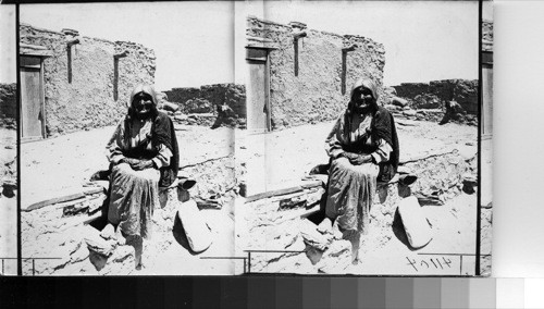 An old Oraibi Indian Woman. Oraibi is 12 miles west of the 2nd Mesa or 137 1/2 miles from Halbrook, Ariz. Oraibi, Hopi Indian Reservation, Ariz