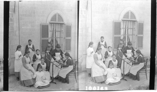 Sewing class in Miss Arnot’s school. Jaffa, Palestine