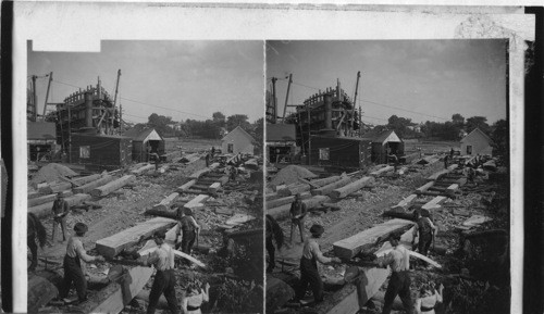 Cutting and shaping timber for wooden ships, Portland, Maine