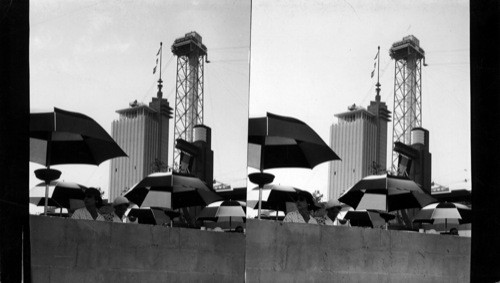 Architectural Features Carillon tower and Sky Ride from Time and Fortune Veranda, Century of Progress, 1933