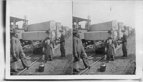 Train load of steel ingots being marked for shipment. Homestead. Penna