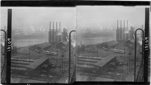 General view in busy Steel Mill District. Among the blast furnaces and rolling mills in the famous Homestead Steel Works. Penna