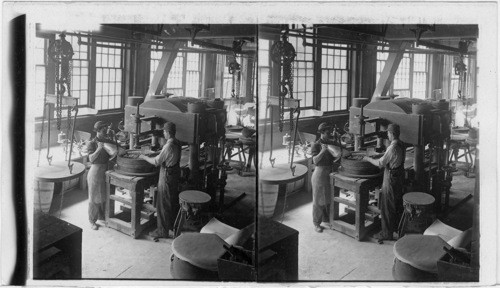 Powered Carborundum Moulded into Sharpening Stones and Grinding Wheels Showing Hydraulic Presses, Niagara Falls, N.Y