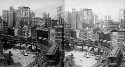 Elevated Railway Curve, Coenties Slip, Wall Street Skyscrapers in Background