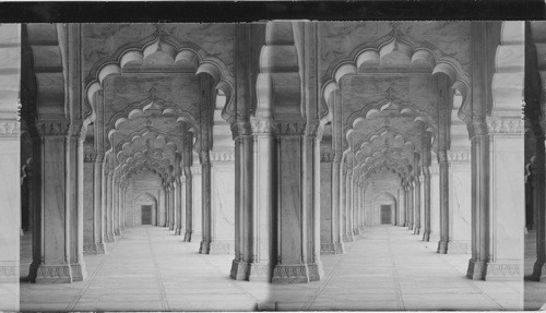 The stately marble halls of the beautiful Pearl Mosque. Agra, India