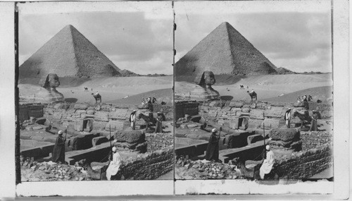 Ruins of the granite temple, the Sphinx and the Great Pyramid. Egypt