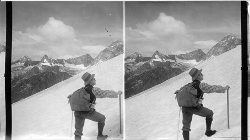 Climbing up a mountain of ice, Mt Avalanche in distance. Canada. Glacier