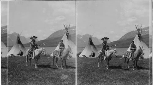 Chief Two Guns White Calf and Companion Mounted. Blackfoot Indian' Camp. Glacier National Park. Montana