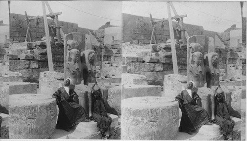 Stumps of gigantic columns in hall adjoining Temple’s Treasury. Medinet- Thebes, Egypt