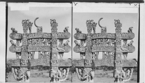 Inida. Sculptured Gate to Buddhist Tope, Bhilsa Valley (Detail in North Gate Sanchi Tope)