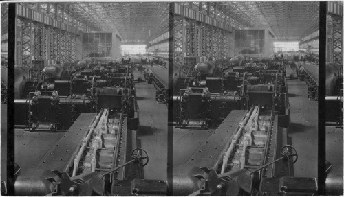 In the 14 inch rolling Mill. This shows billet as it first comes out of furnace going thru the first rolling process. Fordson Plant of the Ford Motor Plant, Detroit, Mich