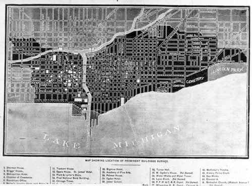 Map showing location of prominent buildings burned, Chicago