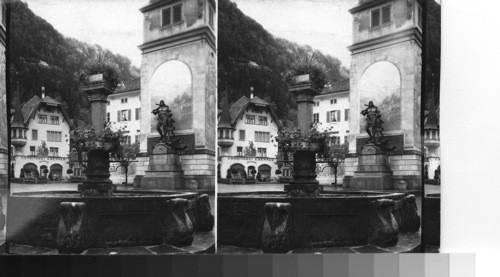 National Monument & Statue of Willam Tell in his native village, Altdore, Switzerland. From across the square