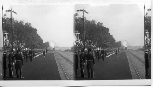 Prince of Wales. India. Royal Train Steaming into Peshawar, Showing Guard of Honor, Gordan Highlanders