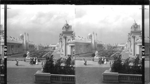 Looking northwest from the Government Building over the sunken Gardens towards the Plaza of St. Louis - Mines Building on the left, Louisiana Purchase Building