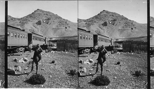 Railway train near the Andean "Divide" east and Galera Tunnel 15,665 feet above the ocean. Peru