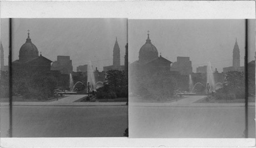 South from Parkway near new Public Library looking to Logan Square. At left we see the Catholic Cathedral at right the tower of the City Hall. Philadelphia, Pa