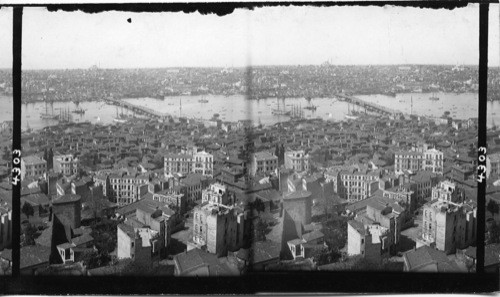 Constantinople from Galata Tower showing Inner Bridge and Stamboul. Turkey