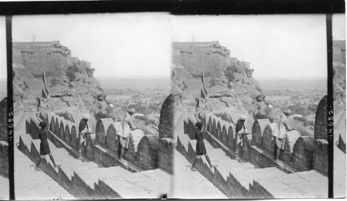 Looking down (300 ft.) from the ramparts of the fort on the ancient town Gwalior, India