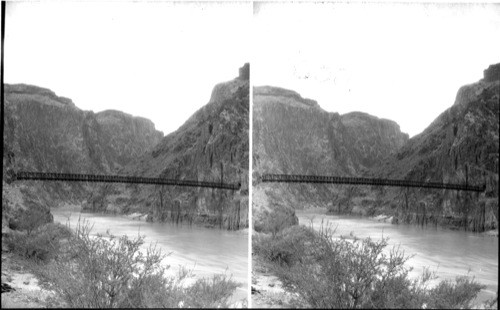 The Kaibab Suspension Bridge, looking up Granite Gorge of Colorado River - Grand Canyon, Ariz