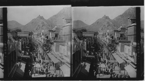 The bustling main street of Alwar, looking toward the Fort, India