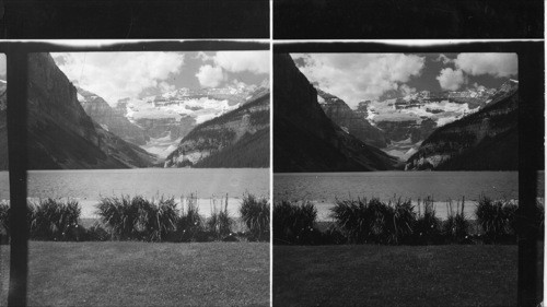 Lake Louise and Victoria Glacier from the Chateau Gardens. Prov. of Alberta, Canada