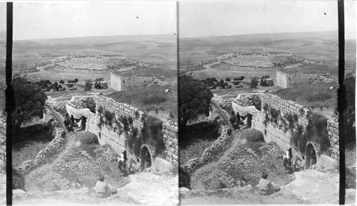 Mizpah showing remains of ancient fortifications, with Gibeon and Ranal-lah beyond. Palestine