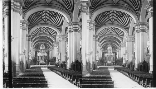 Interior Cathedral, looking toward altar from principal entrance. Lima, Peru