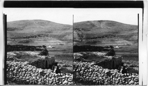 Mt. Ebal and Joseph’s Tomb, from Jacob’s well, Palestine