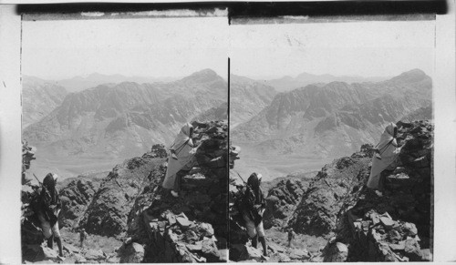 The whole ridge of Mt. Sinai, Jabel Safof, left peak, Jabel Musa, righ peak looking East, Egypt