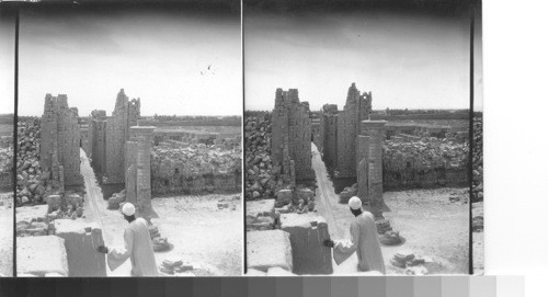 From the 1st pylon, above the portal of the great Temple of Amun. Looking past the great court of the Obelisk of Thutmosis. Karnak, Egypt