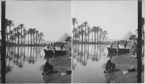 The Pyramids from a pond left from Nile Overflow, 2 miles East, Egypt