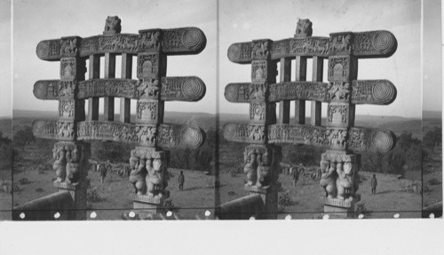 Detail -showing elaborate carving. The Sanchi Tope at Bhilsa India - Memorial Structure of Devout Buddhists 21 Centruies ago. India