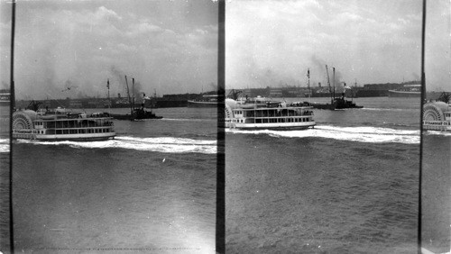 From upper deck of ferry. Looking to great ocean liners. Hoboken, N.J