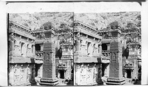 One of the world’s marvels - beautiful Dravidian temple cut in solid rock (S. E.). Ellora, India