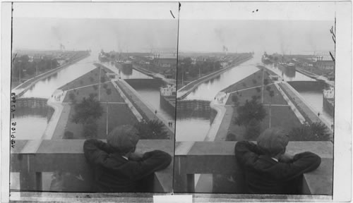 Poe Lock (right) Canal Park (center), Weitzel Lock (left). Sault Ste. Marie. Michigan. X7993