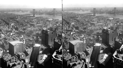 From City Hall East to Manhattan Bridge over East Side. New York City. Circa 1915