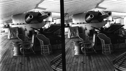 Wicker Chairs on Ship's Deck. [Admiral Dewey's Olympia]. 1899, Manila Bay