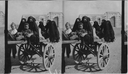 The flat cart and Arab lady riders, Cairo, Egypt